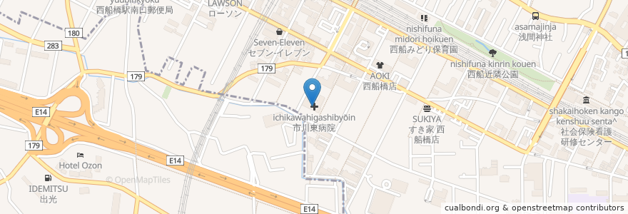 Mapa de ubicacion de 市川東病院 en Japonya, 千葉県, 船橋市.