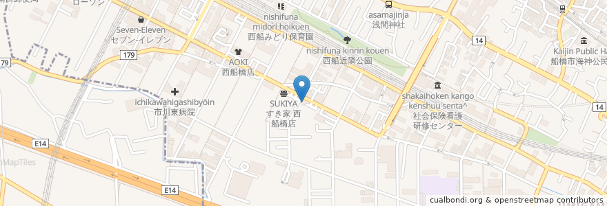 Mapa de ubicacion de くるまやラーメン en 일본, 지바현, 船橋市.