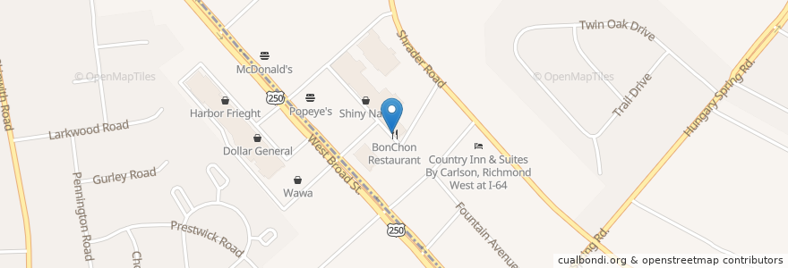 Mapa de ubicacion de BonChon Restaurant en アメリカ合衆国, バージニア州, Henrico County, Laurel.