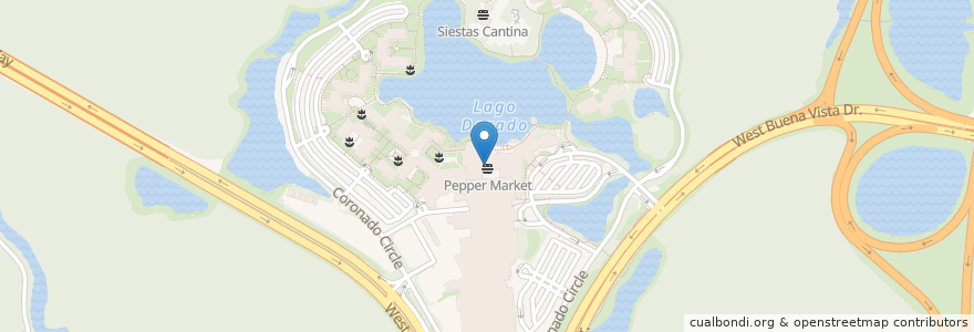 Mapa de ubicacion de El Mercado de Coronado en 美利坚合众国/美利堅合眾國, 佛罗里达州/佛羅里達州, Reedy Creek Improvement District, 橙县/橙縣/橘郡, Bay Lake.