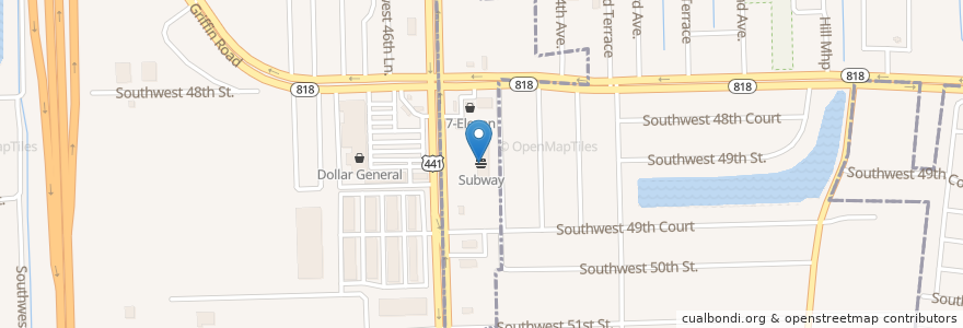 Mapa de ubicacion de Subway en Stati Uniti D'America, Florida, Broward County, Davie, Hollywood.