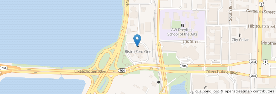 Mapa de ubicacion de Bistro Zero One en 미국, 플로리다주, Palm Beach County, West Palm Beach.