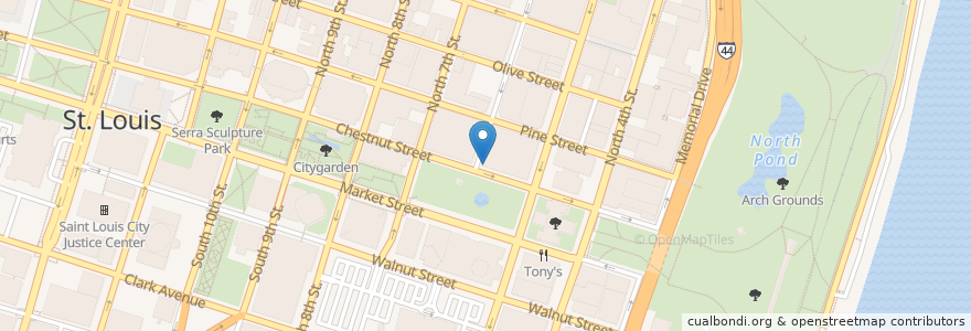 Mapa de ubicacion de TGI Friday's en アメリカ合衆国, ミズーリ州, City Of Saint Louis, St. Louis.