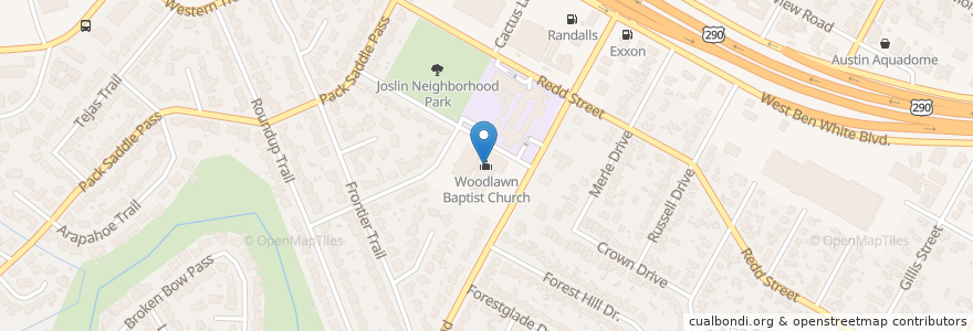 Mapa de ubicacion de Woodlawn Baptist Church en Amerika Birleşik Devletleri, Teksas, Travis County, Austin.