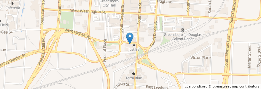 Mapa de ubicacion de McGee Street Boiler Room en الولايات المتّحدة الأمريكيّة, كارولاينا الشمالية, Guilford County, Greensboro.