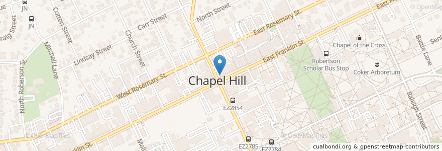 Mapa de ubicacion de Spanky's en アメリカ合衆国, ノースカロライナ州, Orange County, Chapel Hill.