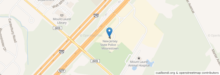 Mapa de ubicacion de New Jersey State Police — Moorestown en États-Unis D'Amérique, New Jersey, Burlington County, Mount Laurel Township.