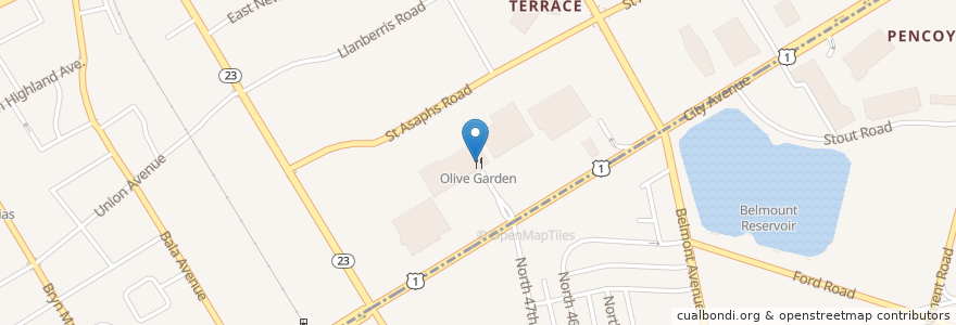 Mapa de ubicacion de Olive Garden en United States, Pennsylvania, Montgomery County, Lower Merion Township.