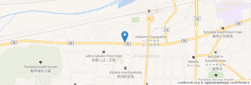 Mapa de ubicacion de 柴田郵便局の前 en Japan, Miyagi Prefecture, Shibata County, Shibara.