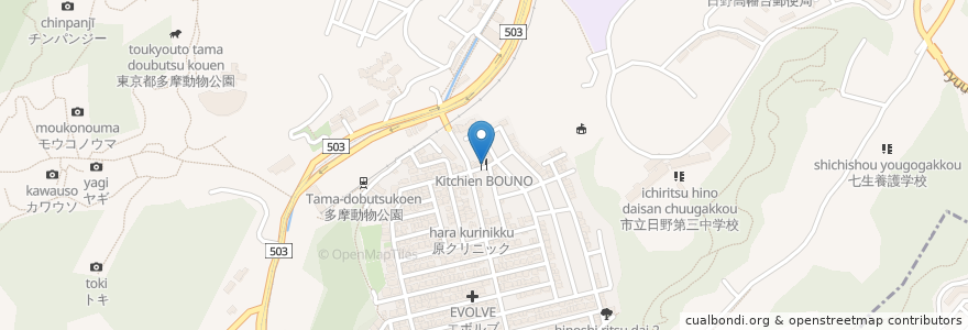 Mapa de ubicacion de Kitchien BOUNO en Japão, Tóquio, 日野市.