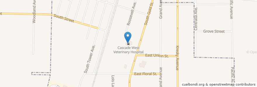 Mapa de ubicacion de Cascade West Veterinary Hospital en 美利坚合众国/美利堅合眾國, 华盛顿州 / 華盛頓州, Lewis County, Centralia.