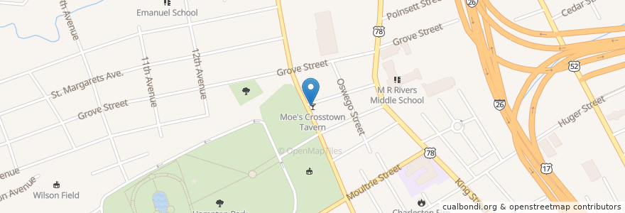Mapa de ubicacion de Moe's Crosstown Tavern en Estados Unidos De América, Carolina Del Sur, Charleston County, Charleston.