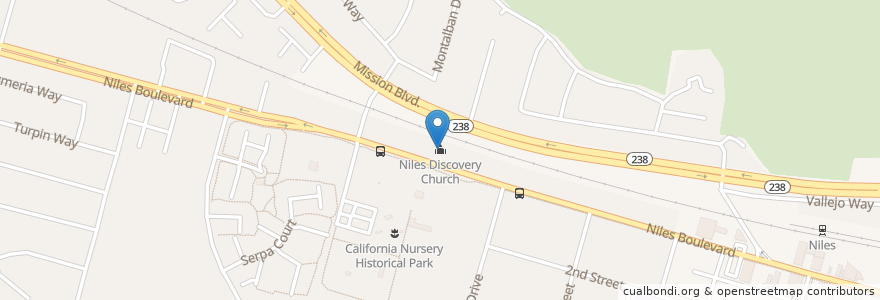 Mapa de ubicacion de Niles Discovery Church en Estados Unidos Da América, Califórnia, Condado De Alameda, Fremont.