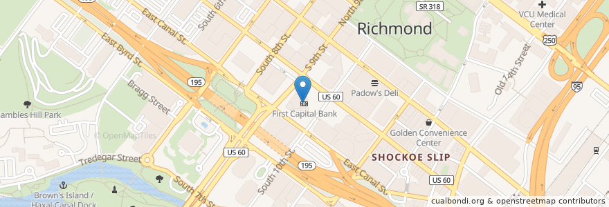 Mapa de ubicacion de First Capital Bank en アメリカ合衆国, バージニア州, Richmond City.