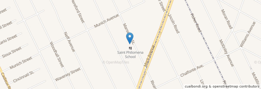 Mapa de ubicacion de Saint Philomena School en الولايات المتّحدة الأمريكيّة, ميشيغان, مقاطعة وين, ديترويت.