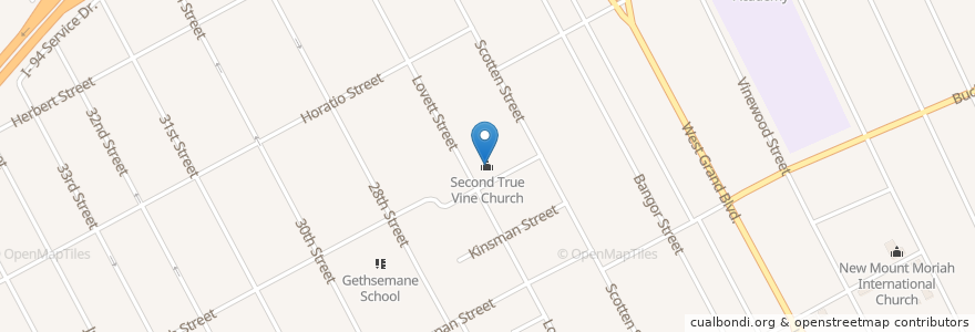 Mapa de ubicacion de Second True Vine Church en Vereinigte Staaten Von Amerika, Michigan, Wayne County, Detroit.