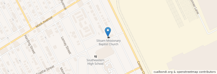 Mapa de ubicacion de Siloam Missionary Baptist Church en الولايات المتّحدة الأمريكيّة, ميشيغان, مقاطعة وين, ديترويت.