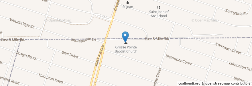 Mapa de ubicacion de Grosse Pointe Baptist Church en アメリカ合衆国, ミシガン州, Wayne County, Macomb County, Grosse Pointe Woods.