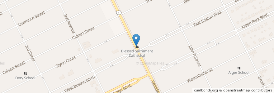 Mapa de ubicacion de Blessed Sacrament Cathedral en 미국, 미시간, Wayne County, Detroit.