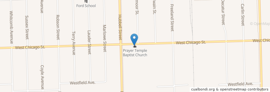 Mapa de ubicacion de Prayer Temple Baptist Church en الولايات المتّحدة الأمريكيّة, ميشيغان, مقاطعة وين, ديترويت.