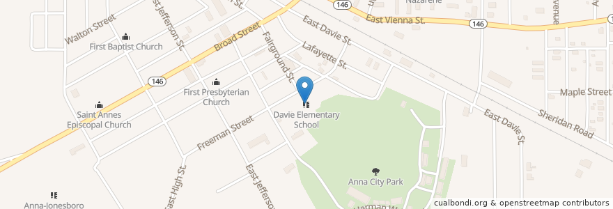 Mapa de ubicacion de Davie Elementary School en الولايات المتّحدة الأمريكيّة, إلينوي, Union County, Anna.