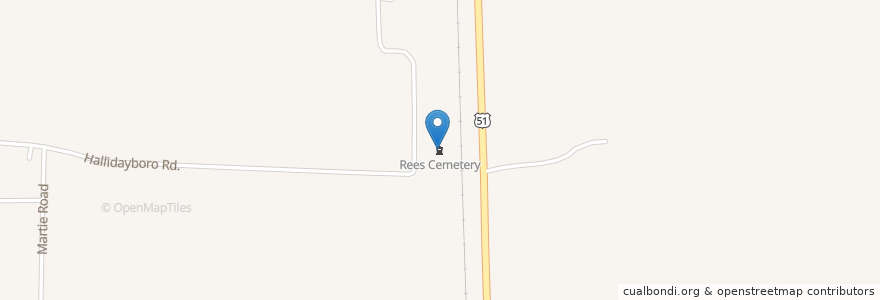 Mapa de ubicacion de Rees Cemetery en アメリカ合衆国, イリノイ州, Jackson County.