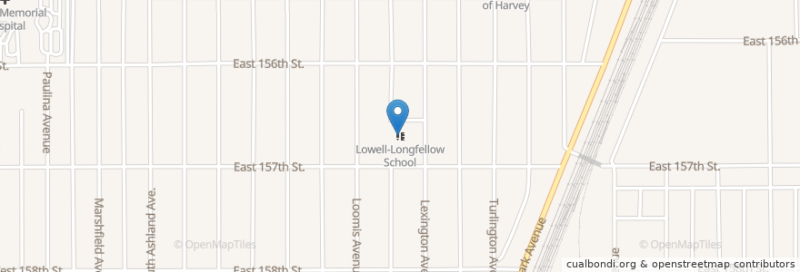 Mapa de ubicacion de Lowell-Longfellow School en الولايات المتّحدة الأمريكيّة, إلينوي, Harvey.
