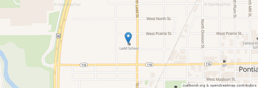 Mapa de ubicacion de Ladd School en Соединённые Штаты Америки, Иллинойс, Livingston County, Pontiac.
