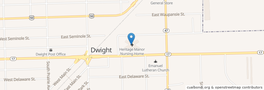 Mapa de ubicacion de Heritage Health - Dwight en アメリカ合衆国, イリノイ州, Livingston County, Dwight.