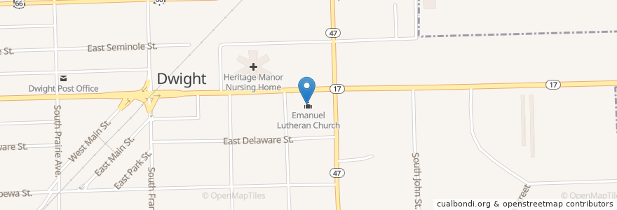 Mapa de ubicacion de Emanuel Lutheran Church en Stati Uniti D'America, Illinois, Livingston County, Dwight.