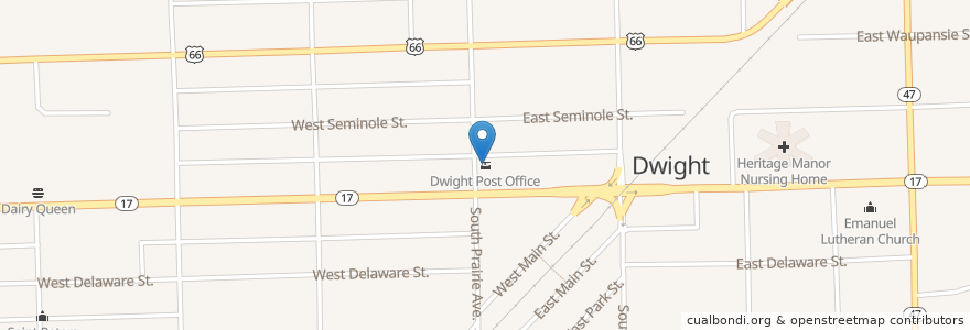 Mapa de ubicacion de Dwight Post Office en الولايات المتّحدة الأمريكيّة, إلينوي, Livingston County, Dwight.
