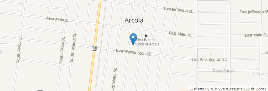 Mapa de ubicacion de Arcola United Methodist Church en الولايات المتّحدة الأمريكيّة, إلينوي, Douglas County, Arcola.