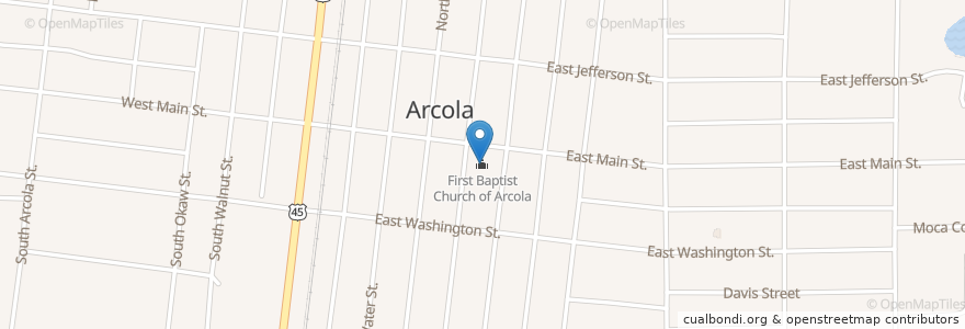Mapa de ubicacion de First Baptist Church of Arcola en Verenigde Staten, Illinois, Douglas County, Arcola.