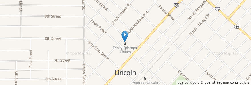 Mapa de ubicacion de Trinity Episcopal Church en Amerika Birleşik Devletleri, Illinois, Logan County, Lincoln.