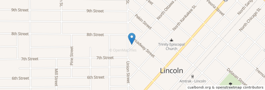 Mapa de ubicacion de First Baptist Church en Estados Unidos De América, Illinois, Logan County, Lincoln.