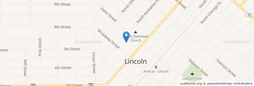Mapa de ubicacion de First United Methodist Church en Vereinigte Staaten Von Amerika, Illinois, Logan County, Lincoln.