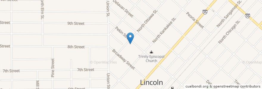 Mapa de ubicacion de First United Presbyterian Church en Estados Unidos Da América, Illinois, Logan County, Lincoln.
