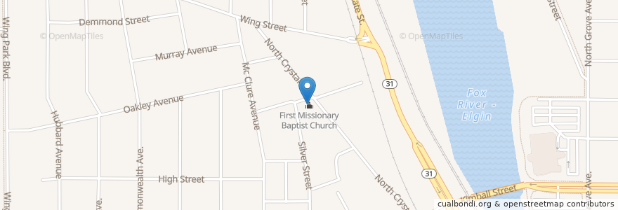 Mapa de ubicacion de First Missionary Baptist Church en United States, Illinois, Elgin, Kane County.