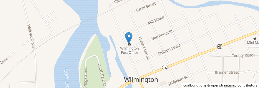 Mapa de ubicacion de Wilmington Post Office en 미국, 일리노이, Will County, Wilmington.