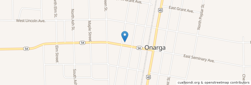Mapa de ubicacion de Onarga Post Office en アメリカ合衆国, イリノイ州, Iroquois County, Onarga.