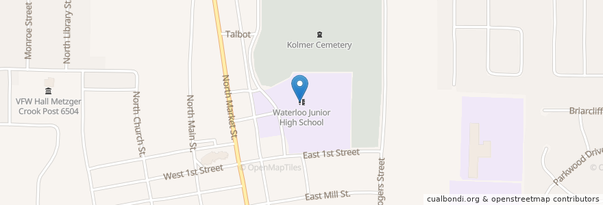 Mapa de ubicacion de Waterloo Junior High School en United States, Illinois, Monroe County, Waterloo.