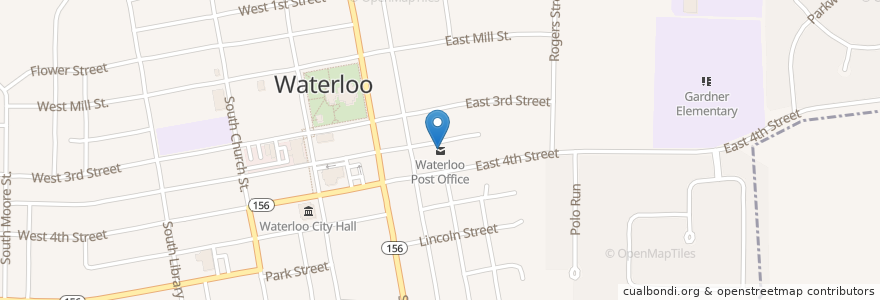 Mapa de ubicacion de Waterloo Post Office en الولايات المتّحدة الأمريكيّة, إلينوي, Monroe County, Waterloo.