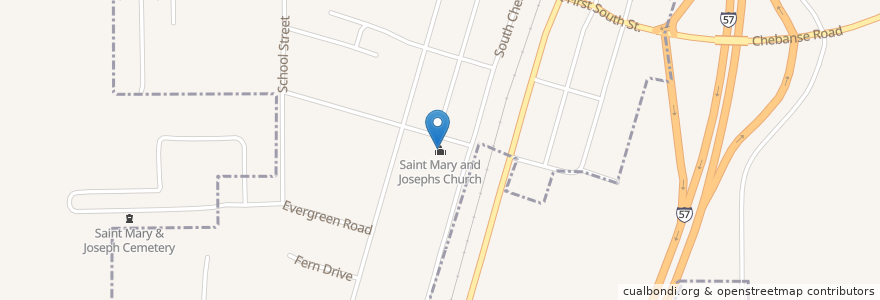 Mapa de ubicacion de Saint Mary and Josephs Church en الولايات المتّحدة الأمريكيّة, إلينوي, Iroquois County, Chebanse.