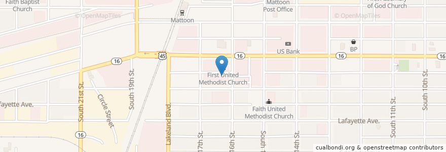 Mapa de ubicacion de First Christian Church en Estados Unidos Da América, Illinois, Coles County, Mattoon.
