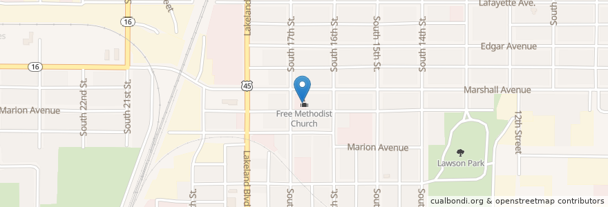 Mapa de ubicacion de Free Methodist Church en Vereinigte Staaten Von Amerika, Illinois, Coles County, Mattoon.
