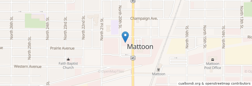 Mapa de ubicacion de First Baptist Church en Соединённые Штаты Америки, Иллинойс, Coles County, Mattoon.