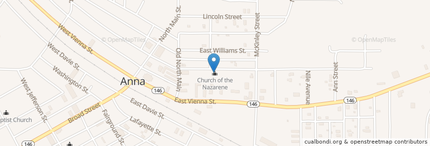 Mapa de ubicacion de Church of the Nazarene en الولايات المتّحدة الأمريكيّة, إلينوي, Union County, Anna.