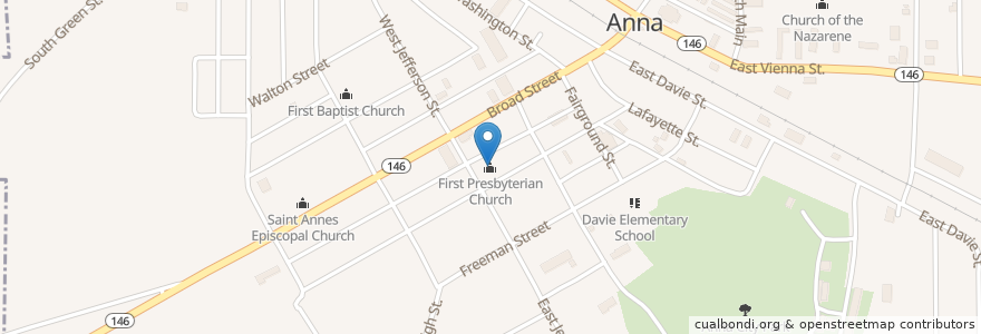Mapa de ubicacion de First Presbyterian Church en 미국, 일리노이, Union County, Anna.