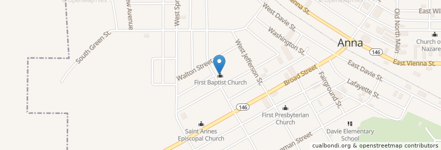Mapa de ubicacion de First Baptist Church en 미국, 일리노이, Union County, Anna.