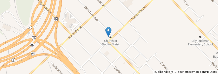 Mapa de ubicacion de The Church of God in Christ Congregational en アメリカ合衆国, イリノイ州, East Saint Louis.